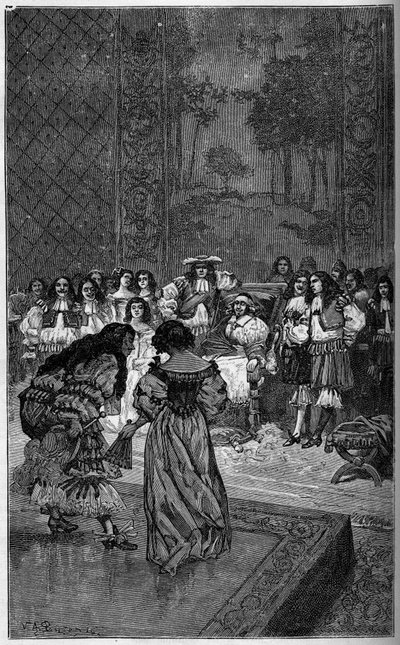Molière en zijn gezelschap spelen voor koning Lodewijk XIV en kardinaal Jules Mazarin (1602-1661). Gravure in 