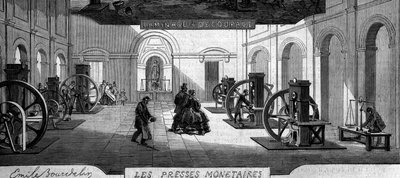 Geld maken: werkplaats voor geldpersen. Gravure in 