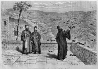 Monnik die vogels voedt, klooster van Marsaha, uit La Syrie daujourdhui. Voyages dans la Phenicie le Liban et la Judee. 1875-1880 van Louis Charles Emile Lortet, 1884 door French School