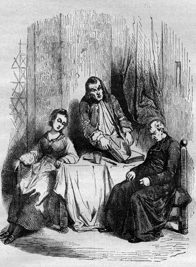 De heer De Breteuil, intendant van Limousin, controleert de parochieregisters die worden bijgehouden door Dubois, pastoor en toekomstige kardinaal. Gravure uit 