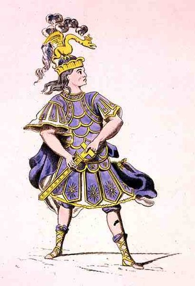 Monsieur Le Kain als Achilles, in Iphigenia in Aulis, door Jean Racine 1679 (kleurgravure) door French School