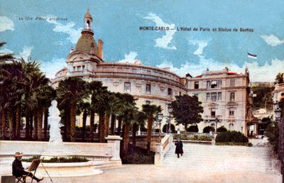 Monte-Carlo, Hotel de Paris en standbeeld van Berlioz - ingekleurde ansichtkaart begin twintigste eeuw door French School