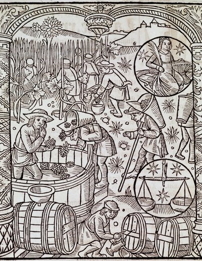 Maand van de oogst, met de sterrenbeelden Maagd en Weegschaal, gravure uit Le grand calendrier des bergers door French School