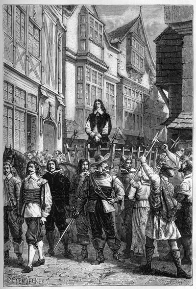 Montrose werd naar de gevangenis gebracht op een kar - James Graham (1612-1650), Markies van Montrose Schotse generaal tentoongesteld in de High Street van Edinburgh, in 1650 - gravure uit 