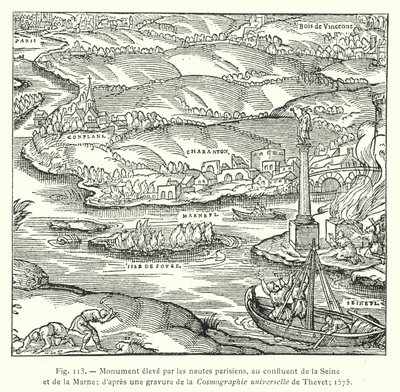 Monument opgericht door de Parijse schippers, bij de samenvloeiing van de Seine en de Marne; naar een gravure uit de Cosmographie universelle van Thevet; 1575 door French School