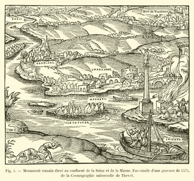 Romeins monument opgericht bij de samenvloeiing van de Seine en de Marne, facsimile van een gravure uit 1575, uit de Cosmographie universelle van Thevet door French School
