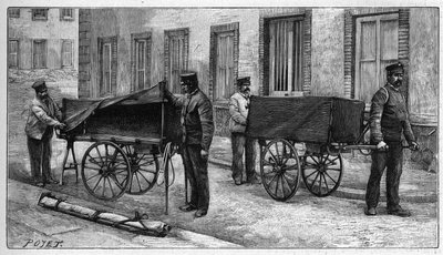 Mortuarium depots in Parijs: armwagens gebruikt om lichamen naar het depot te vervoeren. Gravure in 