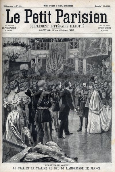 Feestelijkheden in Moskou: Tsaar Nicolaas II van Rusland (1868-1918) en Tsarina Alexandra Fjodorovna Romanova (1872-1918) op het bal van de Franse ambassade, in "Le petit Parisien" door French School