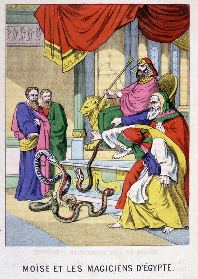 Mozes en de magiërs van Egypte - in Leven van Mozes, ed. Olivier Pinot, Epinal, eind 19e eeuw door French School