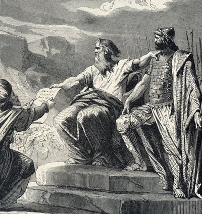 Mozes beveelt het volk van Israël de autoriteit van Jozua te erkennen (Mozes kiest Jozua als zijn opvolger) Gravure uit 