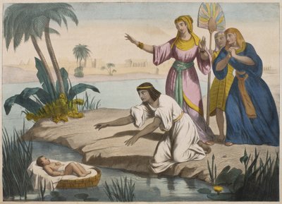 Mozes gered uit de Nijl, illustratie uit een catechismus L