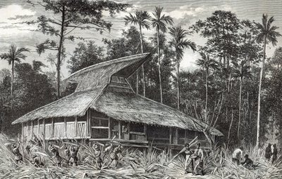 Moskee in Dodinga, Nieuw-Guinea, illustratie uit Le Tour du Monde magazine, 1879 door French School