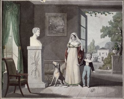 Moeder en zoon huilen voor de buste van een overleden soldaat, begin 19e eeuw door French School