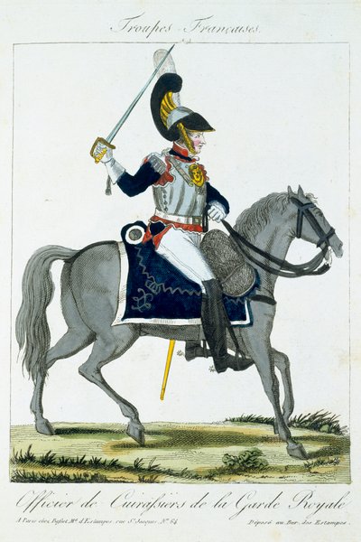 Bereden Officier van de Cuirassiers van de Koninklijke Wacht, uit Troupes Francaises, uitgegeven bij Basset, Parijs door French School