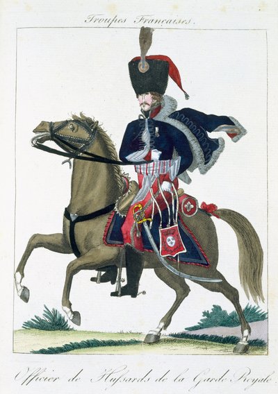 Bereden officier van de Huzaren van de Koninklijke Wacht, uit Troupes Francaises, uitgegeven bij Basset, Parijs door French School