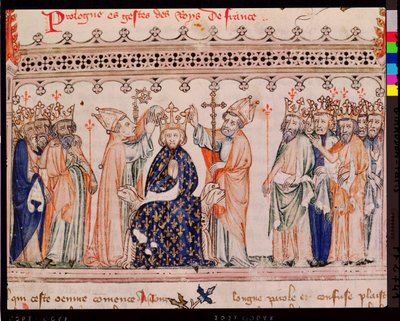 Ms.1469 f.1 De wijding van Philippe III le Hardi (1245-85) Koning van Frankrijk, uit de Grandes Chroniques de France, 1375-79 door French School