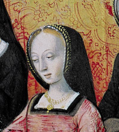 Ms.17 fol.1 De Auteur die zijn Boek aanbiedt aan Anna van Bretagne (1477-1514) uit Vie des Femmes Celebres, ca.1505 (detail) door French School