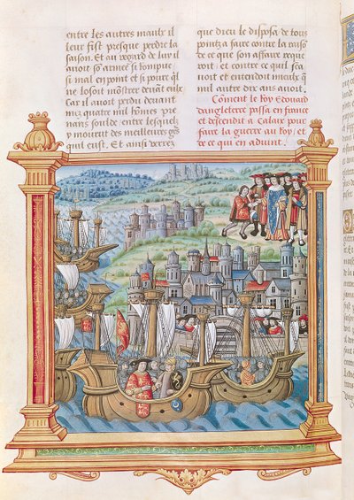 Edward IV van Engeland landt in Calais, uit de Memoires de Philippe de Commines door French School