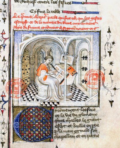 Ms.2028 Een monnik schrijft, uit Chroniques de Saint-Denis door French School