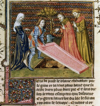 Lancelot tilt de steen van zijn eigen voorbestemde graf en leert zijn naam en afkomst kennen, uit het Livre de Messire Lancelot du Lac door French School