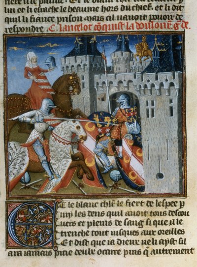 Sir Lancelot verovert Dolorous Garde met de hulp van een nieuw schild gegeven door de Dame van het Meer, uit het Livre de Messire Lancelot du Lac door French School