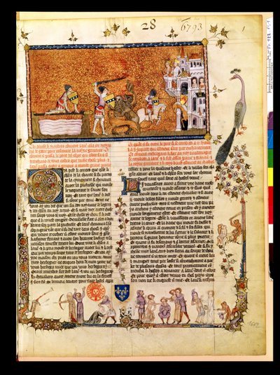 Sir Lancelot steekt de Zwaardbrug over, uit het Roman de Lancelot du Lac, 1344 door French School