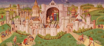 Ms. 0242 f.48v Uitzicht op een stad met arbeiders die wegen plaveien die naar de stadspoorten leiden terwijl de koning in een kamer staat en dicteert aan twee schrijvers door French School
