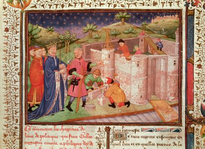 Ms 1015 fol.1 Bouw van een kasteel, uit Gouvernement des Rois et des Princes door French School
