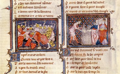 Jupiter versus Saturnus: Saturnus leert de Lombarden een sikkel te gebruiken, uit Ovide Moralise geschreven door Chretien Legouais door French School