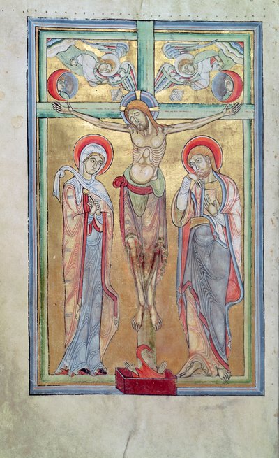 Ms 108 f.58v Kruisiging, uit het Sacramentarium van St. Amand door French School