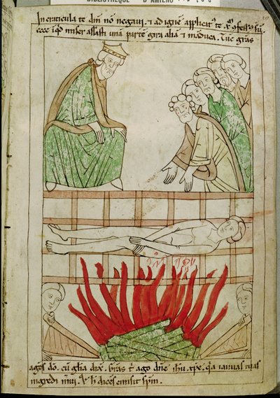 Ms 108 fol.213 Het martelaarschap van St. Laurentius in 258 AD, uit een Bijbel door French School