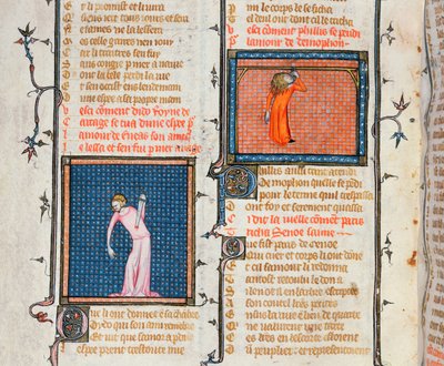 Ms 1126 De Zelfmoord van Dido met het zwaard en de zelfmoord van Phyllis door ophanging, uit Le Roman de la Rose door Guillaume de Loris en Jean de Meung door French School