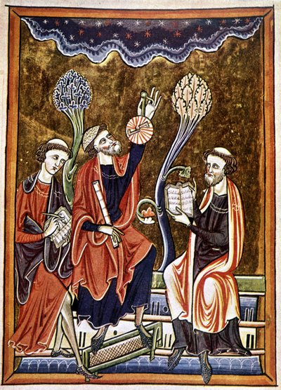 Ms 1186 f.1, De Astronoom, de Klerk en de Rekenaar, facsimile van een miniatuur uit het Psalmenboek (Psalter) van St. Louis en Blanche de Castile door French School