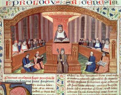 Een Les in Theologie aan de Sorbonne, uit Postilles sur le Pentateuch, illustratie bij tekst geschreven door Nicolas de Lyre door French School