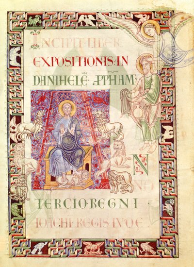 Ms 132 f.2v Daniël in de leeuwenkuil gevoed door Habakuk, uit Explanatio in Prophetas et Ecclesiasten door St. Jerome door French School
