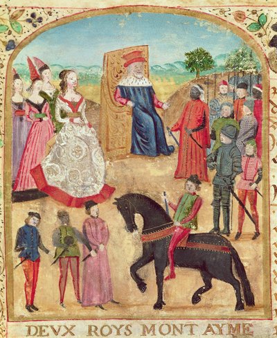 Ms 1335 f.1 Margaretha van York wordt voorgesteld aan haar toekomstige echtgenoot, Karel de Stoute op 27 juni 1468 in Damme door French School