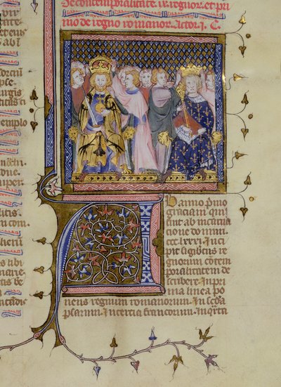 Ms 13. fol 232 Kroning van Lodewijk IX en waarschijnlijk van Frederik II, uit een Psalter door Pierre Lombard, begin 15e eeuw door French School