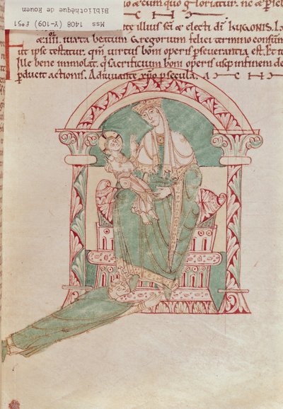Ms 1408 fol.51 Maagd en Kind met St. Gregorius de Grote (540-604) uit Sermons et Vies de Saints door French School