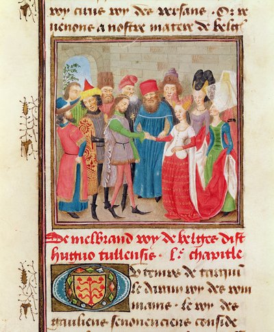 Ms 149 t.1 fol.95 Huwelijksscène, uit de Histoire des Nobles Princes de Hainaut, door Jacques de Guise door French School
