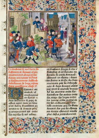 Ms 149 t.3 f.235 Het bouwen van de fundamenten van het klooster van de Minderbroeders in Valenciennes, uit de Histoire des Nobles Princes de Hainaut, door Jacques de Guise door French School