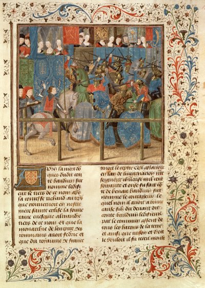 Ms 149 t.3 fol.82 Een toernooiscène, uit de Histoire des Nobles Princes de Hainaut, door Jacques de Guise door French School