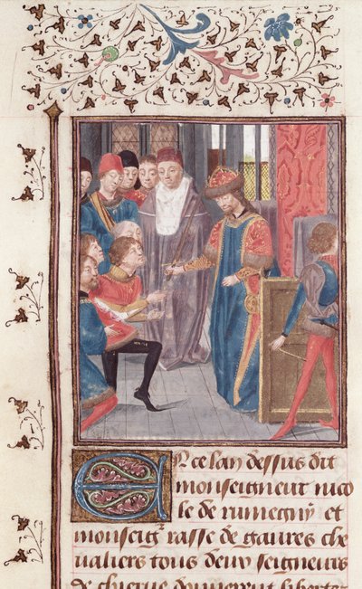 Ms 149 t.3 fol.95v Benoeming van twee ridders, uit de Histoire des Nobles Princes de Hainaut, door Jacques de Guise door French School