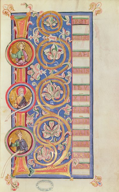 Ms 14 fol.23 Geïllustreerde initiaal L met medaillons, uit een Evangeliarium door French School