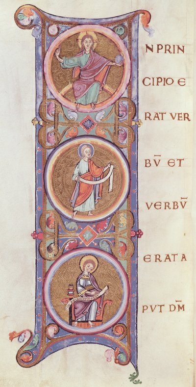 Ms 14 fol.60v Geïllustreerde initiaal I die het begin van het Evangelie van St. Johannes afbeeldt door French School