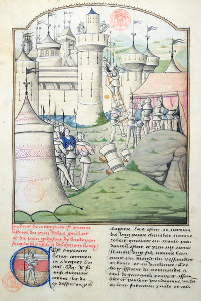 Ms 1560 Inname van Jeruzalem in 1099 door Godfried van Bouillon en de kruisvaarders tijdens de Eerste Kruistocht, miniatuur uit Fleur des Histoires door French School