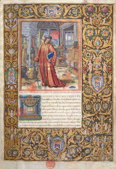 Ms. 1581 f. 001 Flavius Josephus in zijn studeerkamer, illustratie voor de Proloog van de Oudheden van de Joden (Antiquitates Judaicae) door Flavius Josephus, ca. 1503 door French School