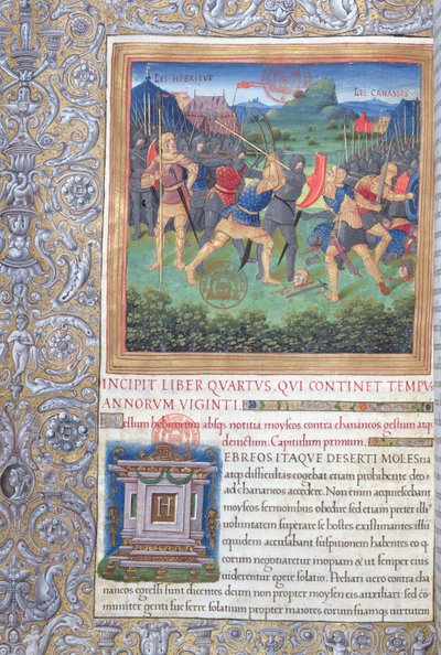 Ms. 1581 f. 071 Illustratie uit Boek IV (Van de afwijzing van die generatie tot de dood van Mozes), Hoofdstuk 1 van de Oudheden van de Joden (Antiquitates Judaicae) door Flavius Josephus - Gevecht van door French School