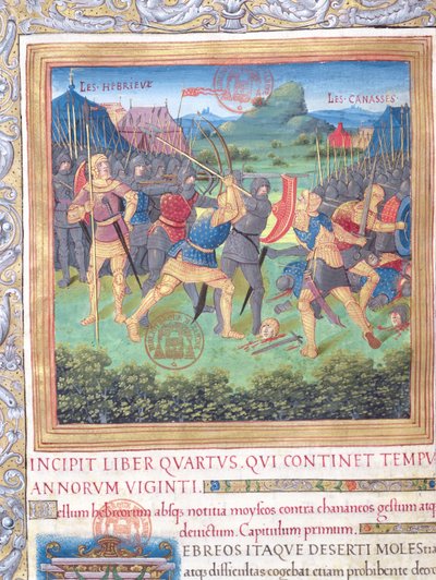 Ms. 1581 f. 071 Illustratie uit Boek IV (Van de afwijzing van die generatie tot de dood van Mozes), Hoofdstuk 1 van de Oudheden van de Joden (Antiquitates Judaicae) door Flavius Josephus - Gevecht van door French School
