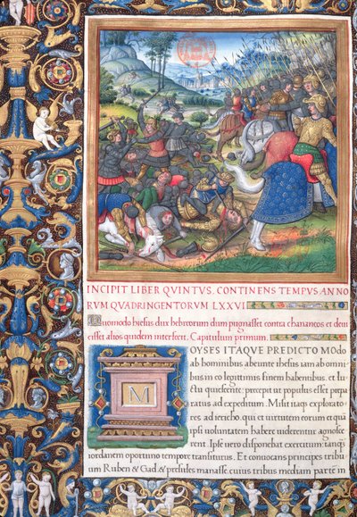 Ms. 1581 f. 089v Illustratie uit Boek V (Van de dood van Mozes tot de dood van Eli), Hoofdstuk 1 van de Oudheden van de Joden (Antiquitates Judaicae) door Flavius Josephus - Hoe Joshua, de Commandeur door French School