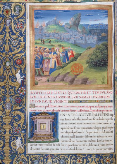 Ms. 1581 f. 108v Illustratie uit Boek VI (Van de dood van Eli tot de dood van Saul), Hoofdstuk 1 van de Oudheden van de Joden (Antiquitates Judaicae) door Flavius Josephus - De vernietiging die kwam door French School